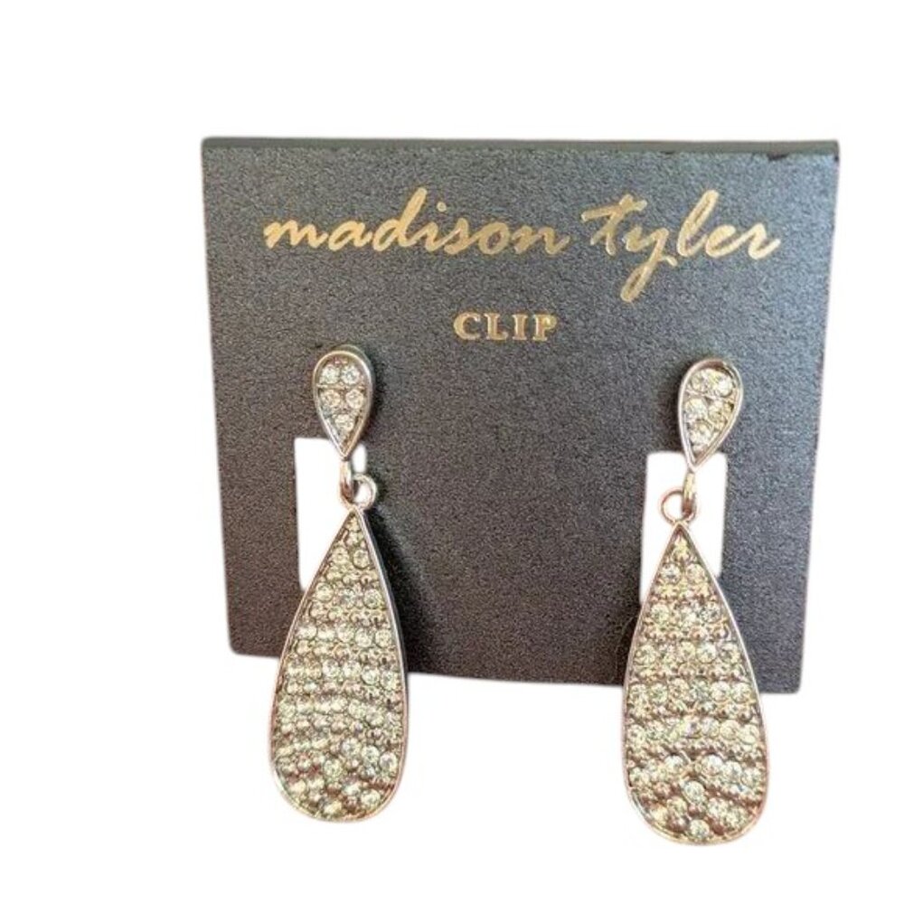 Madison Tyler Silver toned clip-on dangle earrings with white crystals NWT